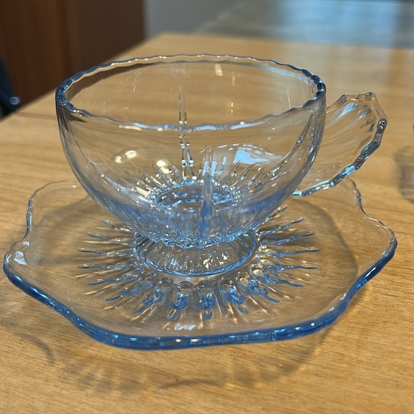 Vintage New Martinsville Radiance Ice Blue Glass Winged Cup & Saucer Sets Qty 2 - Picture 2 of 10